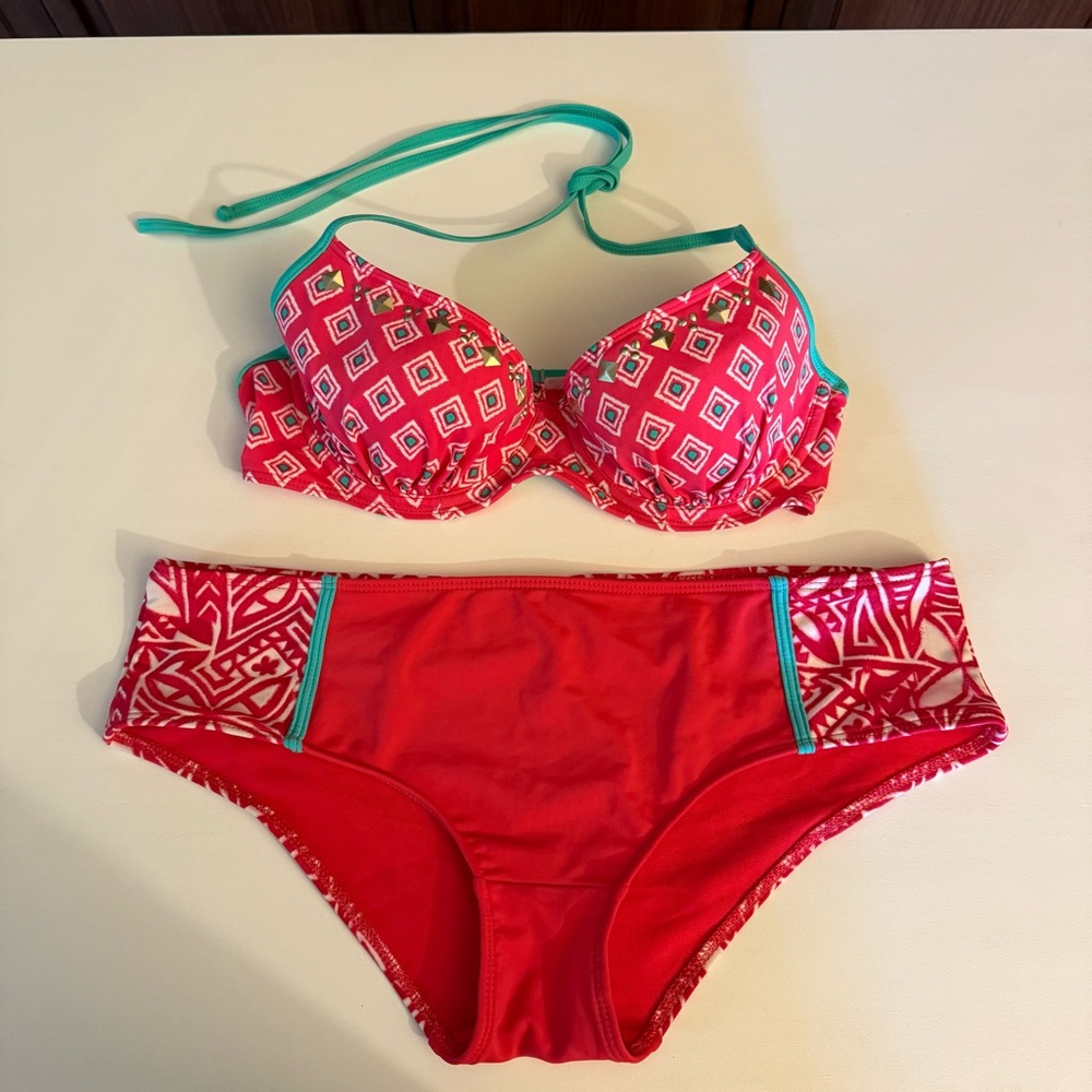 Hollister Coral Red and Teal Bikini Set